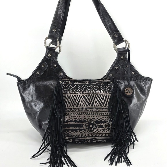 The Sak Handbags - The Sak Leather Hobo Shoulder Bag Black Leather Silver Aztec Fringe Boho Tote